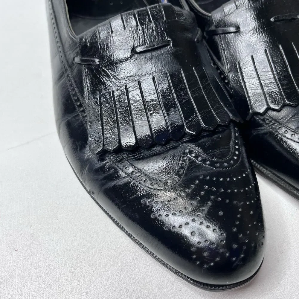 Vintage Florsheim Black Leather Kiltie Fringe Wingtip  Loafers Mens Size 10.5 D